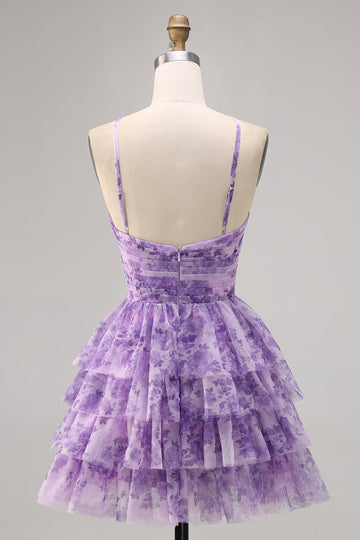 Purple A-line Spaghetti Straps Tiered Cut Out Floral Cocktail Dress